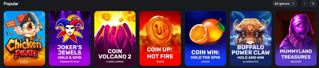Juegos populares: Chicken Pirate, Joker's Jewels, Coin Volcano 2, Buffalo Power Claw y más